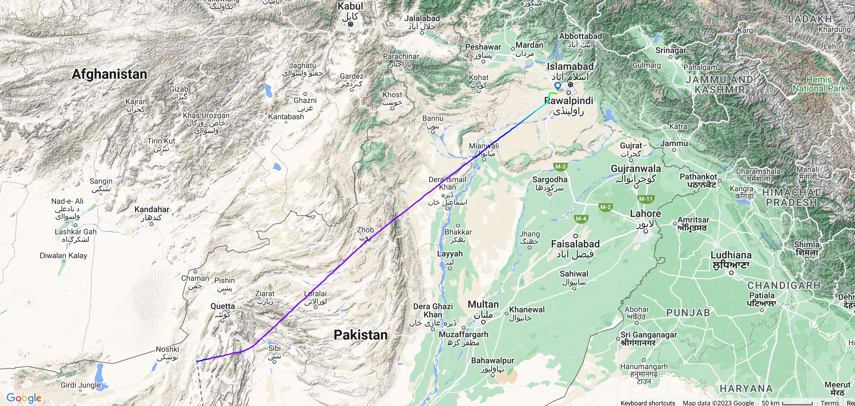 ADS-B signal loss right after Quetta (OPQT-UET) (image extracted from Flightradar24)